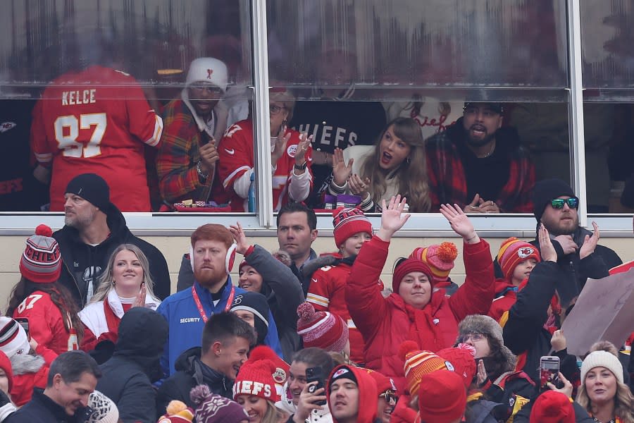 KANSAS CITY, MISSOURI – DECEMBER 31: Taylor Swift cheers during the first quarter between the Cincinnati Bengals and the Kansas City Chiefs at GEHA Field at Arrowhead Stadium on December 31, 2023 in Kansas City, Missouri. (Photo by Jamie Squire/Getty Images)