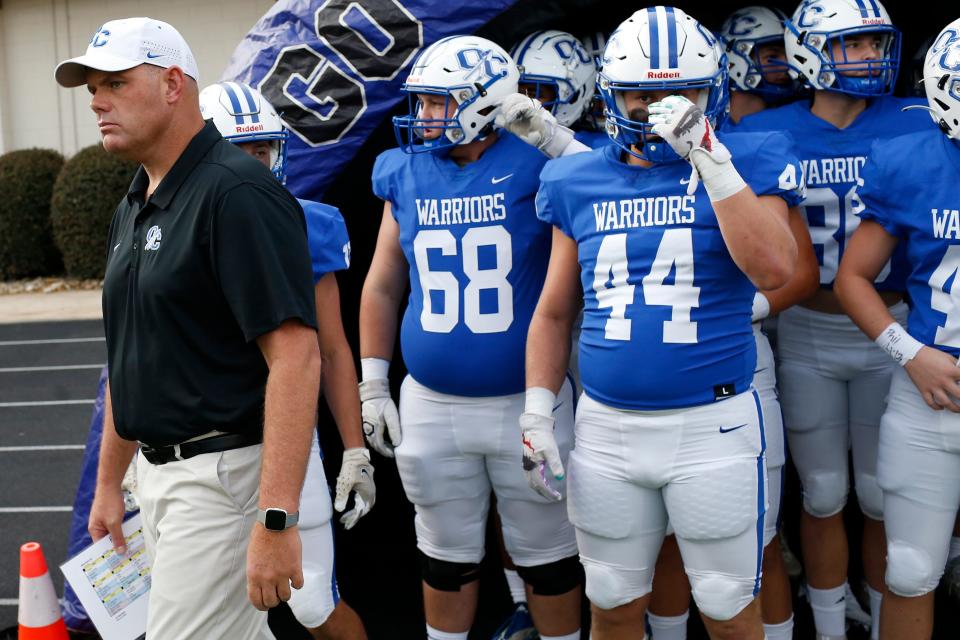Oconee County Ben Hall gets ready to lead the Oconee Worries I his first game as head coach before a GHSA high school football game between North Oconee and Oconee County in Watkinsville, Ga., on Friday, Aug. 19, 2022. 