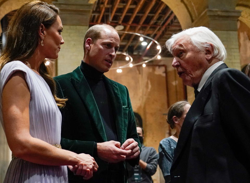 Britain's Prince William and Catherine, Duchess of Cambridge, talk with Sir David Attenborough during the first Earthshot Prize awards ceremony at Alexandra Palace in London, Britain, October 17, 2021. / Credit: Alberto Pezzali/Pool via Reuters