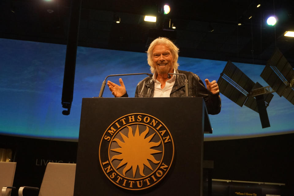 Virgin Galactic founder Sir Richard Branson at a ceremony unveiling Virgin Galactic's donation to the Smithsonian's National Air and Space Museum — the rocket motor from SpaceShipTwo, VSS Unity. <cite>Chelsea Gohd/Space.com</cite>