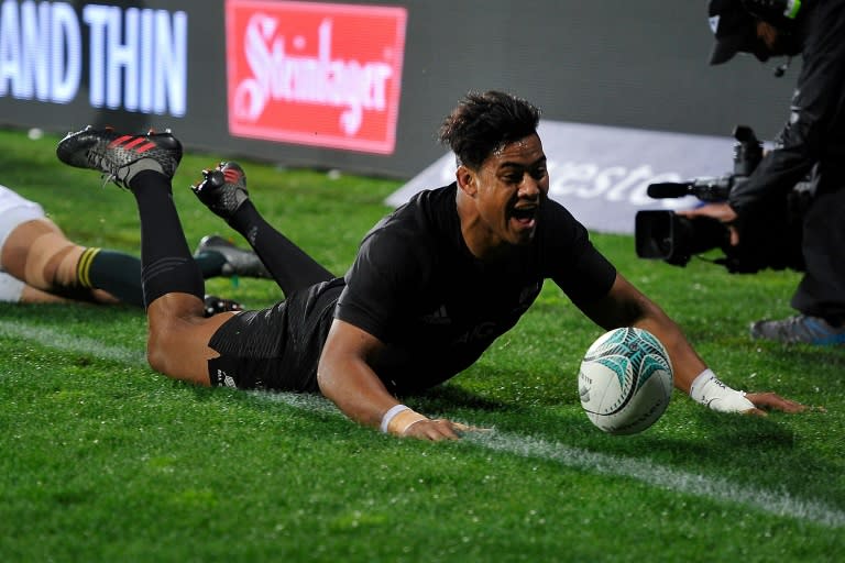 New Zealand's Julian Savea celebrates scoring a try during the rugby Test match between New Zealand and South Africa at AMI Stadium in Christchurch