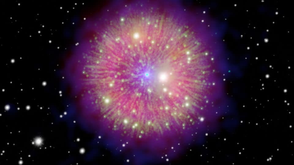 Ein zusammengesetztes Bild zeigt die Überreste der Supernova SN 1181, einer verheerenden Kollision zweier Sterne. Der kugelförmige Nebel hat in seinem Zentrum einen heißen Weißen Zwerg, oder "Zombie-Stern," nach der wahrscheinlichen Fusion zurückgeblieben. -NASA/ESA/USAF/NSF