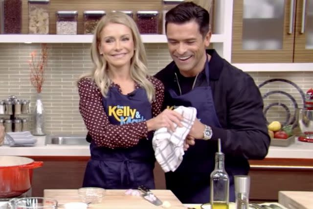 <p>ABC</p> Mark Consuelos cuts himself in a 'Live With Kelly & Mark' cooking segment