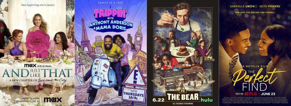 This combination of images shows promotional art for "And Just Like That," premiering its second season on June 22, from left, “Trippin’ with Anthony Anderson and Mama Doris,” a series premiering June 22 on E!, "The Bear," a series premiering June 22 on FX and "Perfect Find," a film premiering June 23 on Netflix. (Max/E!/FX/Netflix via AP)