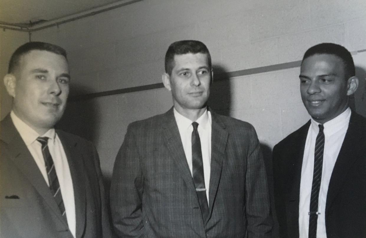 Dr. James E. Spicer, from left, the Rev. Roy Colby Jr., and civil rights icon, Ambassador Andrew Young at Chapel on the Hill, Oak Ridge, Tennessee. Young spent the weekend with the Colbys and preached at Chapel on Sunday, March 31, 1963. He also held two seminars the following Monday.