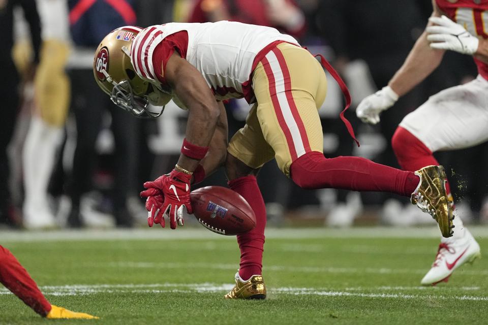 San Francisco 49ers wide receiver Ray-Ray McCloud III (3) fumbles a punt against the Kansas City Chiefs during the second half of the NFL Super Bowl 58 football game Sunday, Feb. 11, 2024, in Las Vegas. The Chiefs recovered the ball. (AP Photo/Eric Gay)