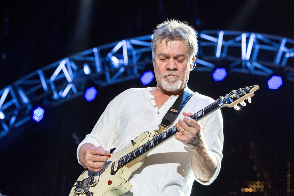 CHULA VISTA, CA - SEPTEMBER 30:  Guitarist Eddie Van Halen of Van Halen performs on stage at Sleep Train Amphitheatre on September 30, 2015 in Chula Vista, California.  (Photo by Daniel Knighton/Getty Images)