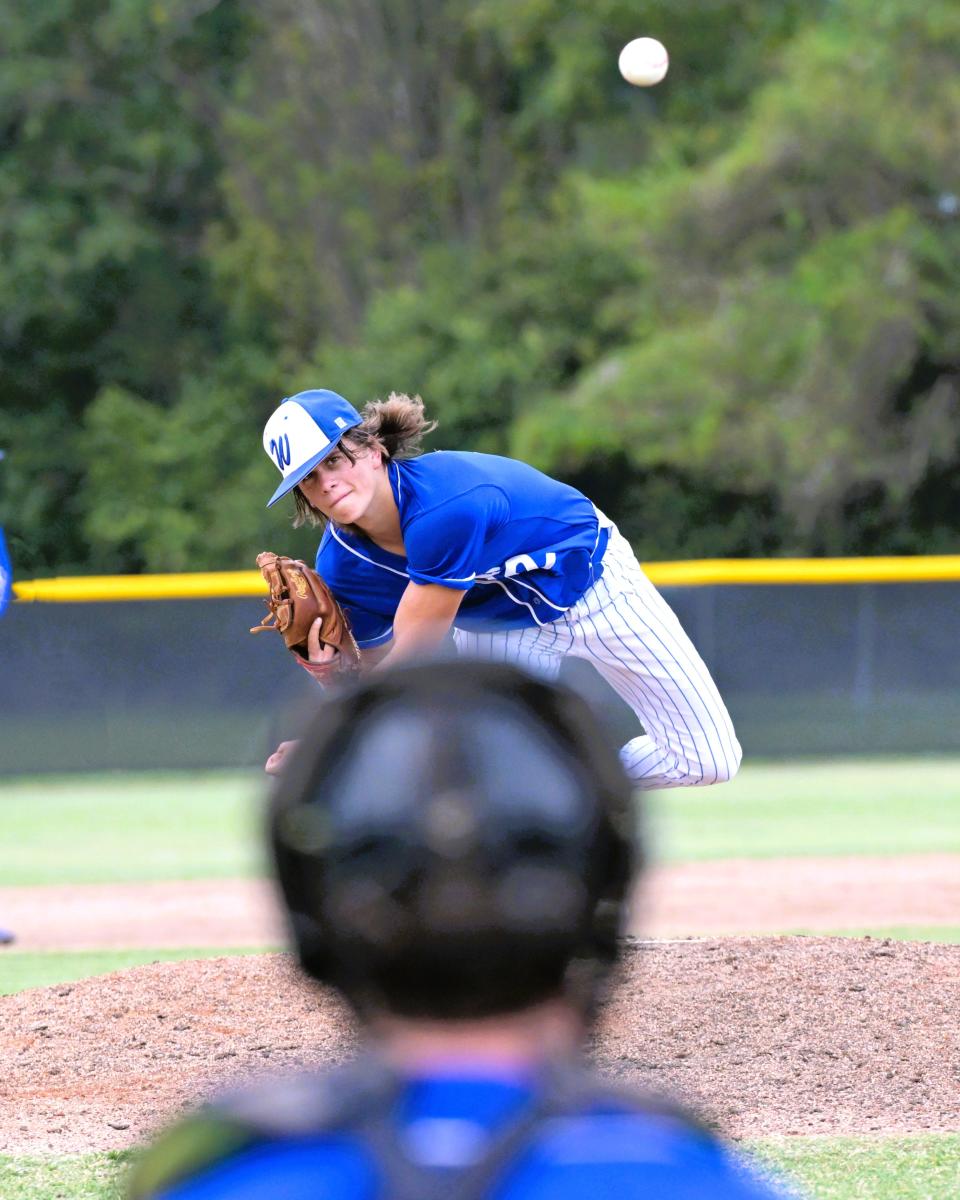 Wellington pitcher Paul "P.M." Parent fires a pitch from the mound during a regular season game against Palm Beach Central on April 3, 2024.