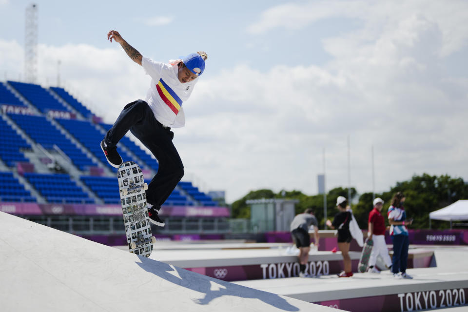 Margielynarda Didal of the Philippines trains during a street skateboarding practice session at the 2020 Summer Olympics, Friday, July 23, 2021, in Tokyo, Japan. (AP Photo/Markus Schreiber)