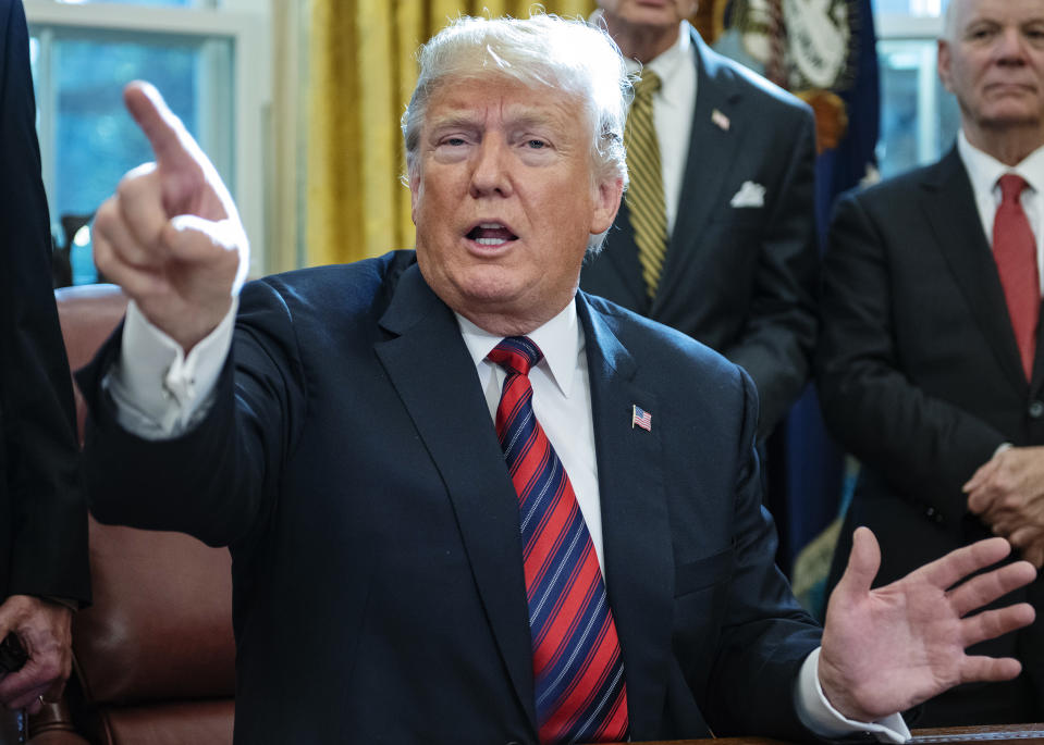 President Trump speaks after signing a bill in the Oval Office on Oct. 23, 2018. (Photo: Ron Sachs/Pool via Bloomberg)