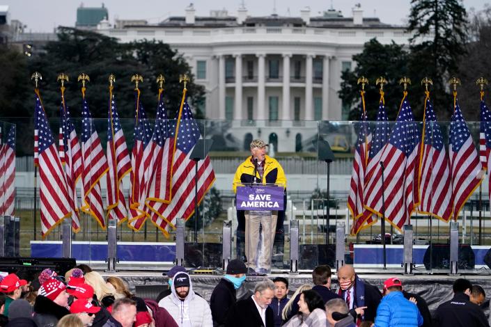 With the White House in the background, Rep.  Mo Brooks, R-Ala., addresses the rally on Jan.  6, 2021.