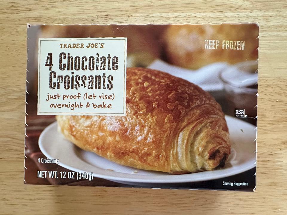 Trader Joe's four chocolate croissants box on table