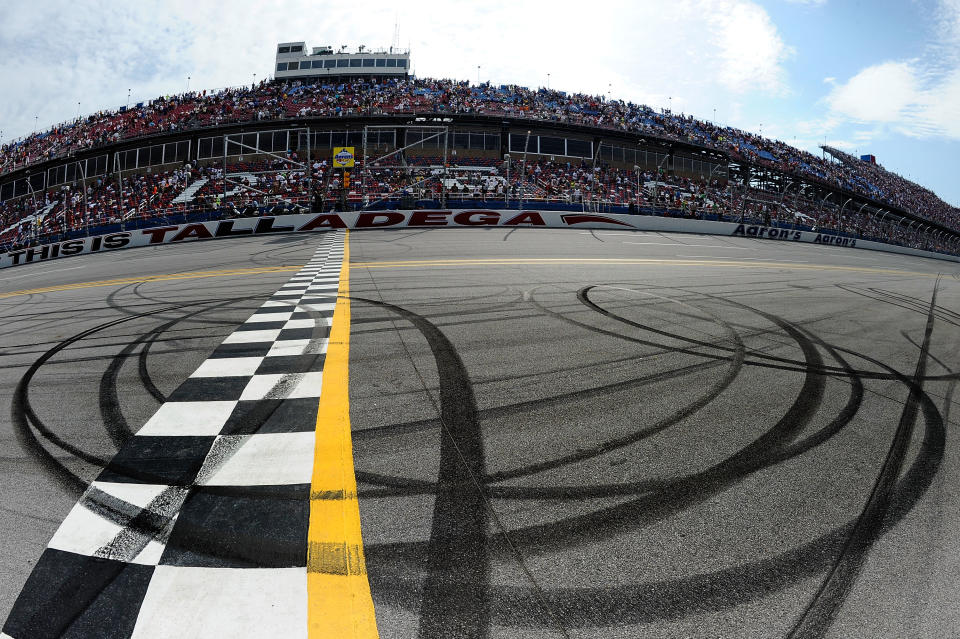 TALLADEGA, AL - MAY 06: Burnout marks are shown on the start finish line after the NASCAR Sprint Cup Series Aaron's 499 at Talladega Superspeedway on May 6, 2012 in Talladega, Alabama. (Photo by Jared C. Tilton/Getty Images)