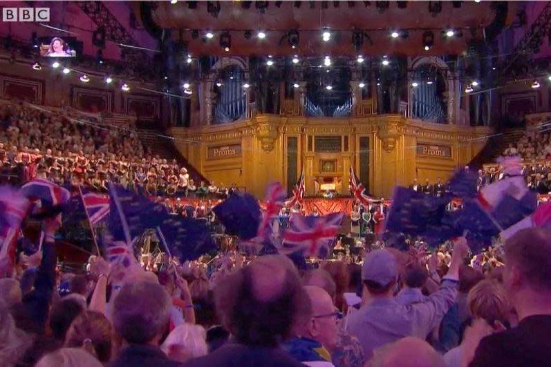 Audience members wave EU flags amid the Union Jacks at the Last Night of the Proms (BBC)
