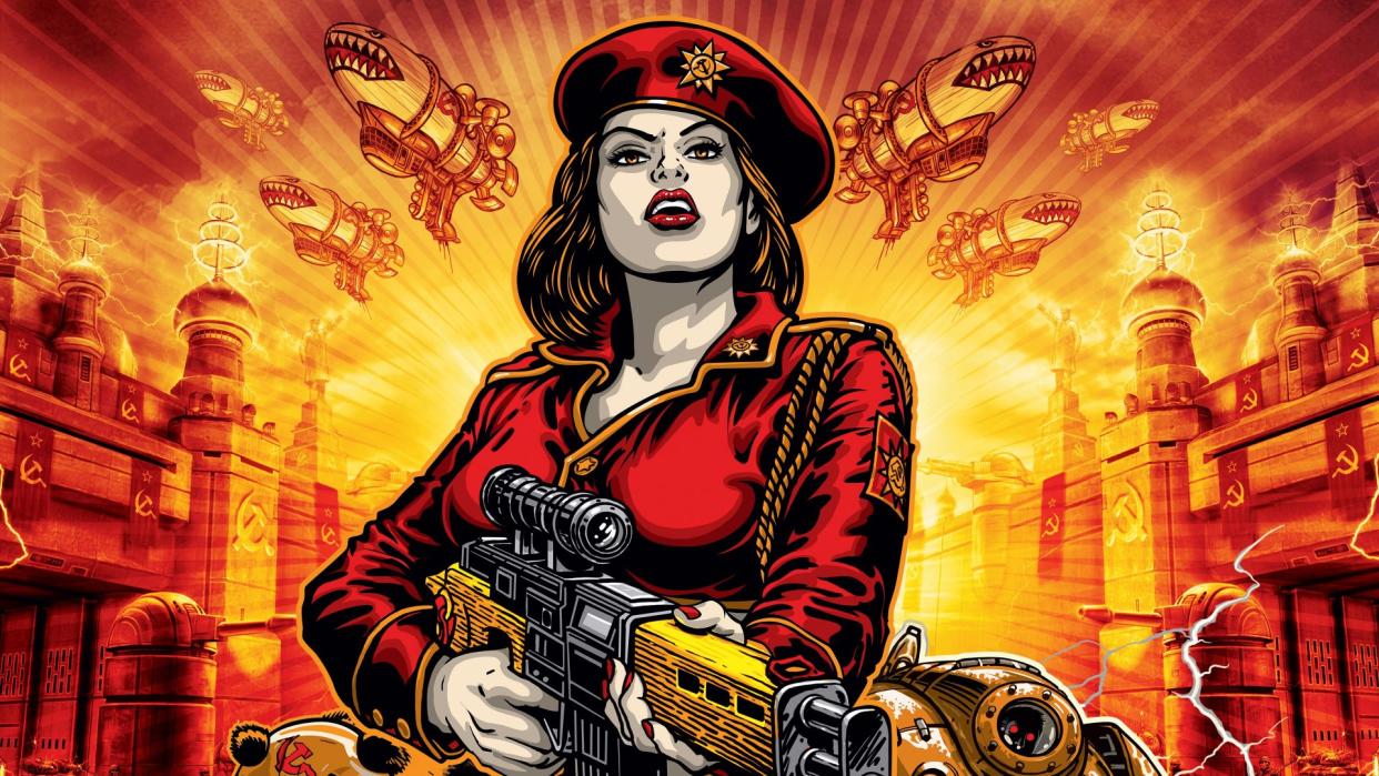  Command and Conquer: Red Alert 3 header art - woman dressed in red wearing a beret and wielding an assault rifle. 