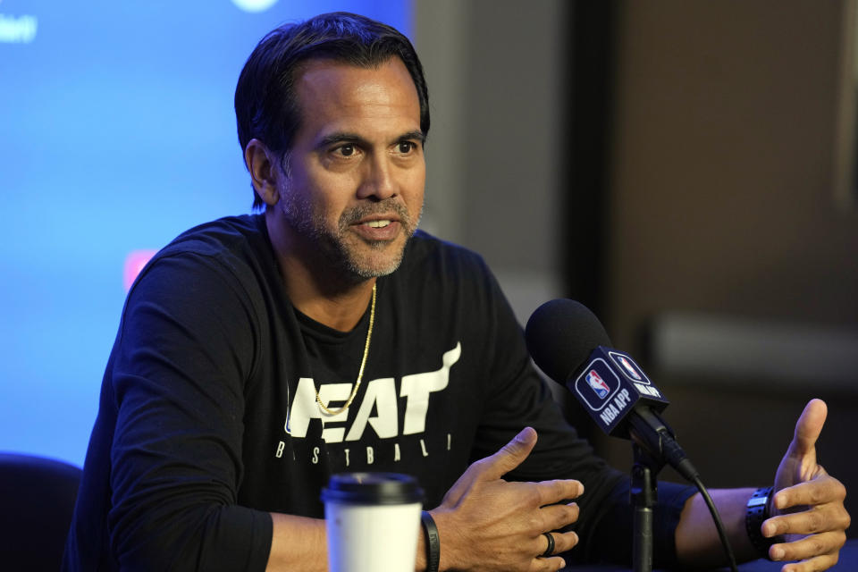 Miami Heat head coach Erik Spoelstra responds to a question during a news conference before as Game 1 of the NBA basketball finals against the Denver Nuggets Wednesday, May 31, 2023, in Denver. The Heat face the Denver Nuggets in Game 1 of the NBA Finals Thursday. (AP Photo/David Zalubowski)