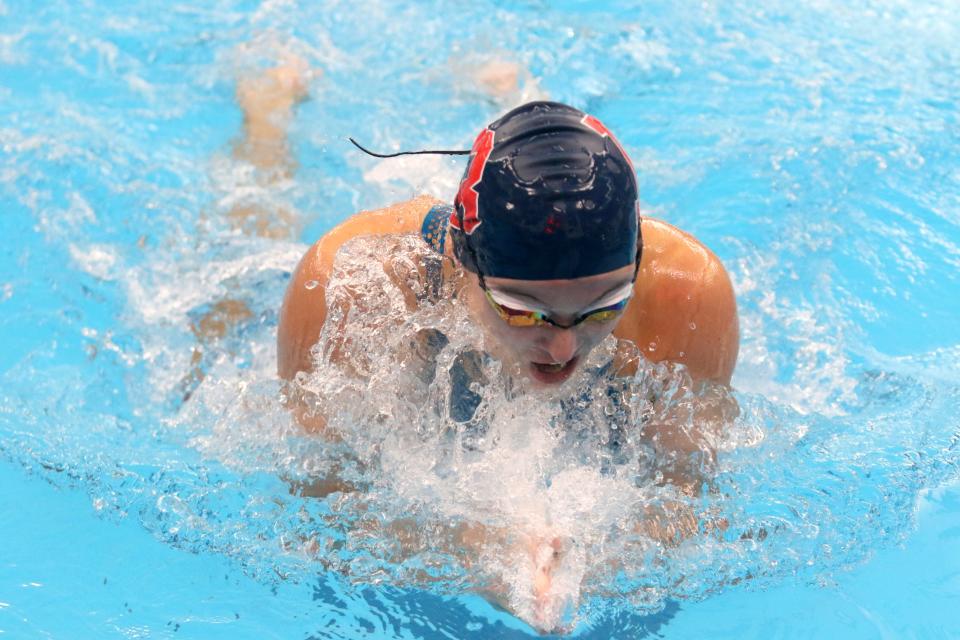 Ava Olsian of Binghamton/Seton Catholic Central won the 100-yard breaststroke at the Elmira Girls Swimming and Diving Invitational on Oct. 15, 2022 at Ernie Davis Academy.