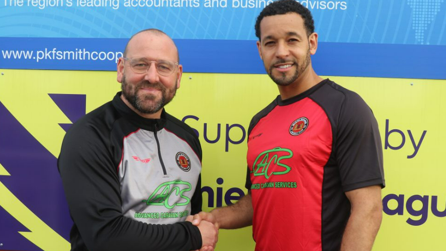 Curtis, who turns 38 in January, shakes hands with Mickleover manager Gareth Holmes (left) after signing for Northern Premier League Premier Division club in July