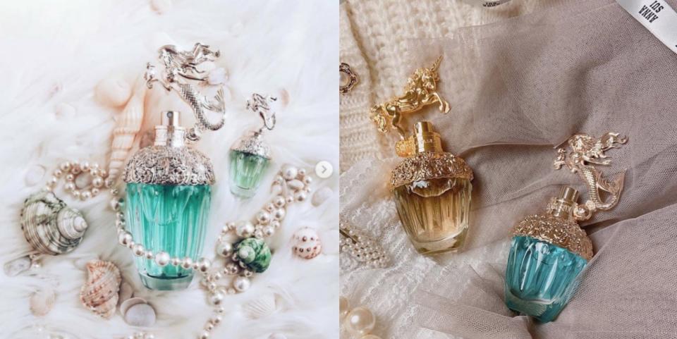 拋光水晶瓶中盛裝著象徵大海的藍綠色香水，香檳玫瑰金瓶蓋上烙印了葉子和花朵圖樣立體的美人魚公主雕像超美
