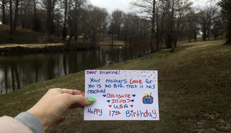 FILE - This photo provided by Mona Helgeland in Ålgård, Norway, shows a birthday card made by an American member of the Facebook group "Random Acts of Kindness" for her daughter Kristine, who was about to celebrate her 17th birthday on March 26, 2020. Helgeland appealed to members of the virtual group to send birthday wishes to her daughter, who was disappointed that her party had to be canceled due to coronavirus concerns. In this time of stressful news due to COVID-19, the story in Norway was picked up by Sally Stapleton a global religion editor at Associated Press and got such a positive reaction that "One Good Thing" is now a daily feature. (Mona Helgeland via AP, File)