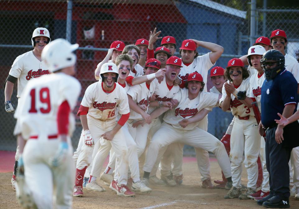 Roy C. Ketcham's Riley Weatherwax heads to home plate as his team celebrates his home run during Wednesday's game versus Arlington on May 17, 2023. 