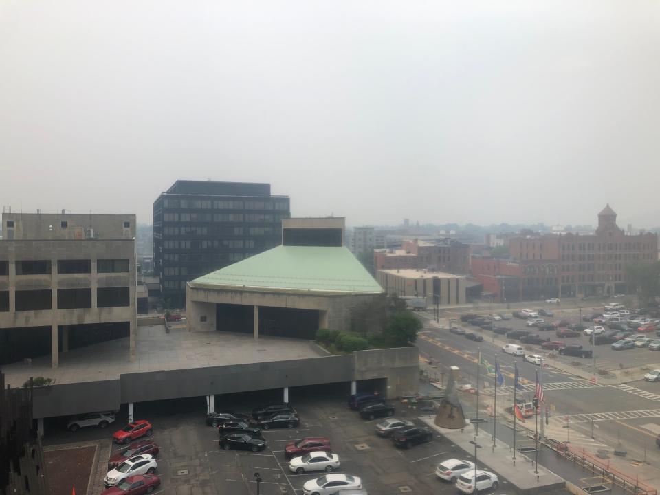 Air quality conditions continue to worsen as southward-moving smoke continues to affect much of New York state, pictured here from the sixth floor of the Broome County Office Building on June 7, 2023.