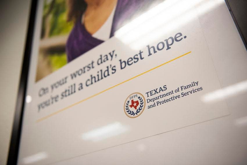 Texas Department of Family and Protective Services signage at the agency’s office in Austin.