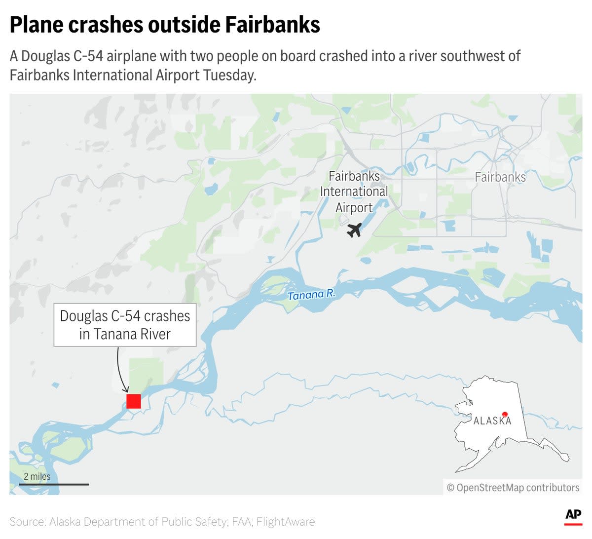 The plane, a  Douglas DC-4, was carrying two people when it crashed on Tuesday morning, shortly after taking off from Fairbanks International Airport (AP)