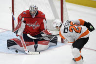 Washington Capitals goaltender Craig Anderson (31) stops the puck next to Philadelphia Flyers left wing James van Riemsdyk (25) during the third period of an NHL hockey game Saturday, May 8, 2021, in Washington. The Capitals won 2-1. (AP Photo/Nick Wass)