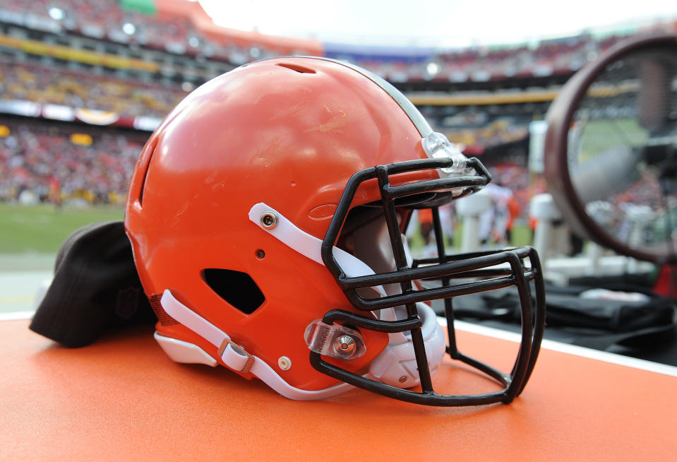 Oct 2, 2016; Landover, MD, USA; Detail view of Cleveland Browns helmet against the Washington Redskins during the second half at FedEx Field. Washington Redskins wins 31 – 20. Mandatory Credit: Brad Mills-USA TODAY Sports