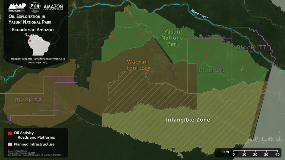 葉蘇尼國家公園地圖，紅點為石油開採區域，棕色區塊為原住民傳統領域。地圖右上紫框標註的Block ITT區域即為本次爭議所在。圖片來源：Alison Thieme ／MAAP
