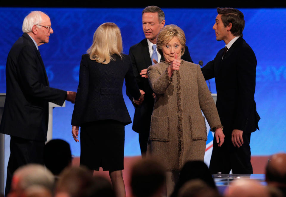 Hillary Clinton gives a thumbs after the Democratic presidential candidates debate in Manchester, N.H.