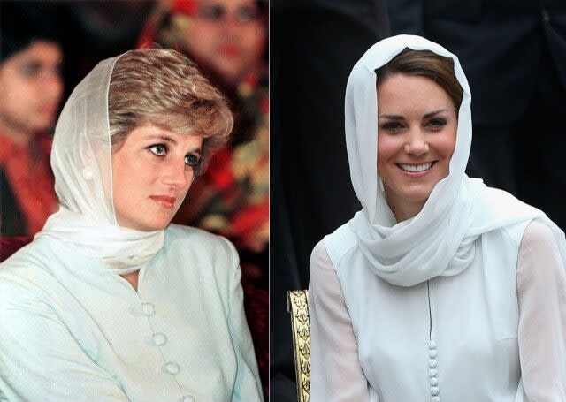 Both Kate Middleton and the late Princess Diana have worn similar head scarves on official appearances.