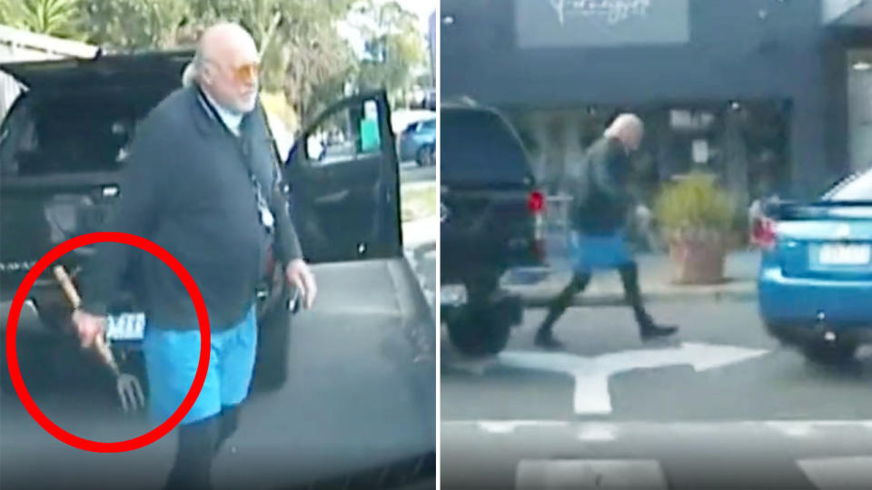 Rex Hunt was filmed holding a garden fork in an alleged road rage incident in Melbourne. Pic: Channel Nine