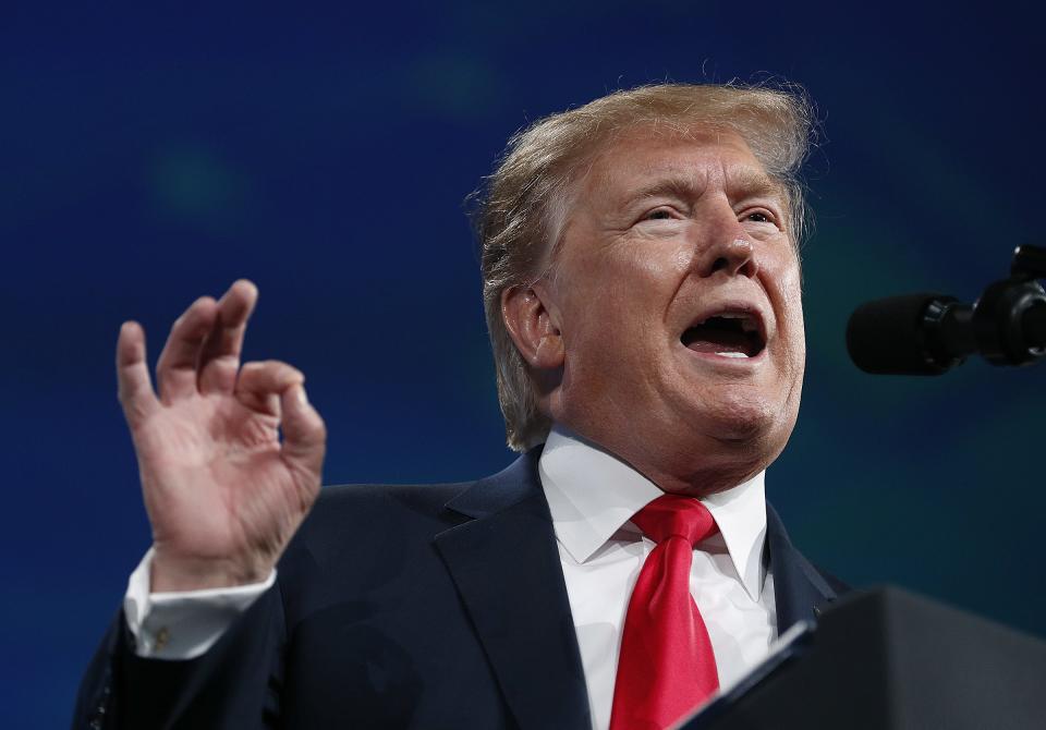 President Donald Trump speaks supporters at the NRA-ILA Leadership Forum at Lucas Oil Stadium on Friday, April 26, 2019.