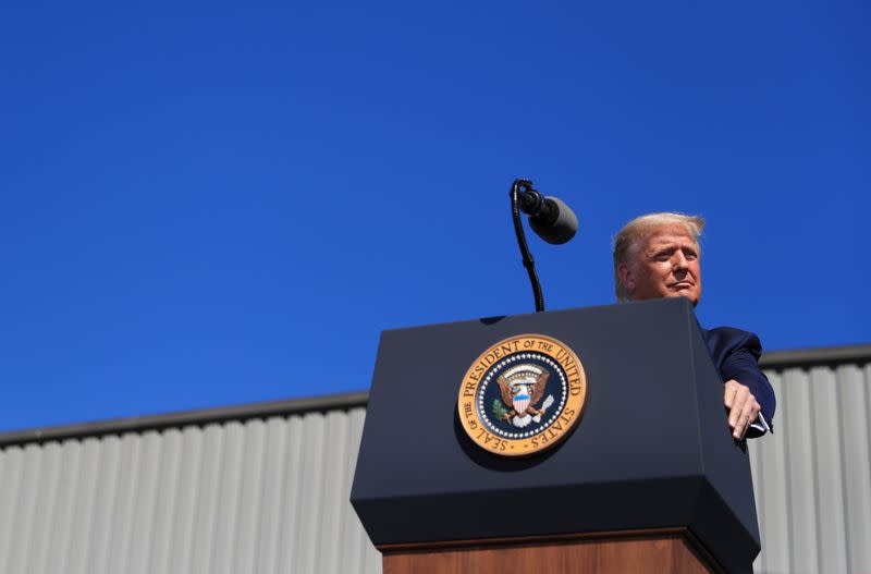 U.S. President Trump speaks to supporters at a Trump campaign event in Old Forge, Pennsylvania