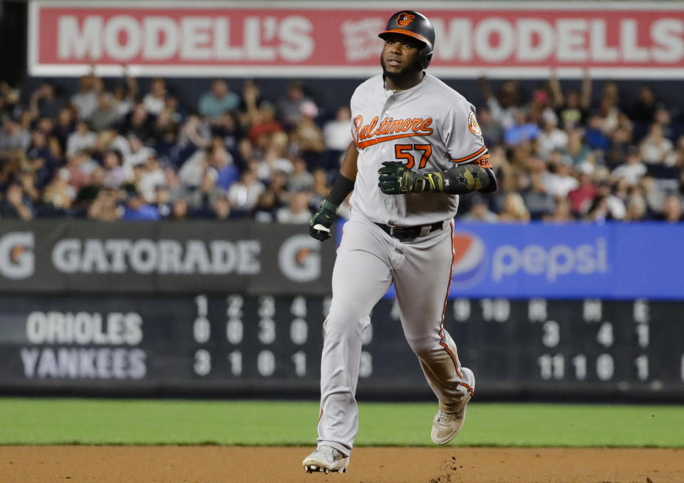 Baltimore Orioles' Hanser Alberto runs the bases after hitting a three-run home run during the seventh inning of the second game of a baseball doubleheader against the New York Yankees, Monday, Aug. 12, 2019, in New York. (AP Photo/Frank Franklin II)