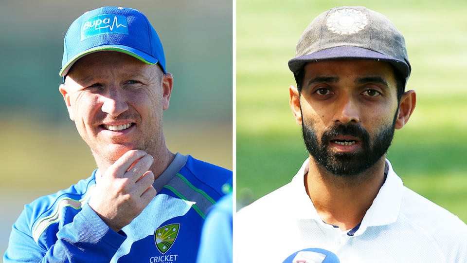 Former Aussie wicketkeeper Brad Haddin (pictured left) during practice and Ajinkya Rahane (pictured right) during an interview.