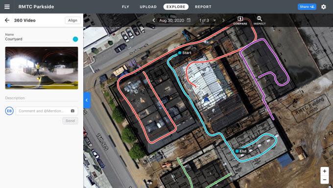 DroneDeploy bird's eye view of job site showing path taken through the site.