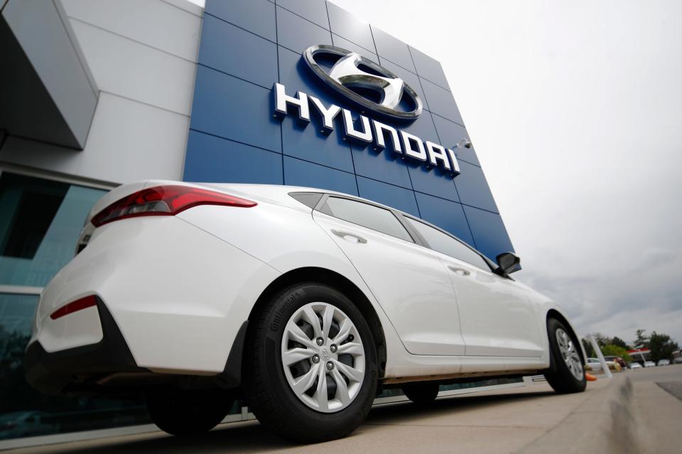 An unsold 2019 Accent sedan sits at a Hyundai dealership in Littleton, Colo. on Sunday, May 19, 2019.