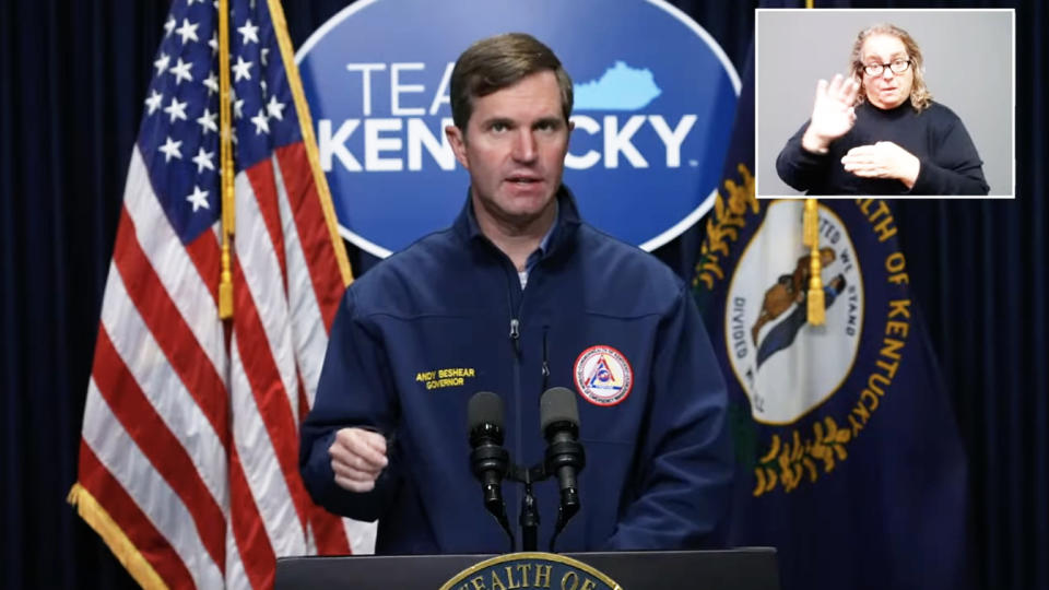 Kentucky Gov. Andy Beshear speaks at a briefing Monday. (Screengrab via Youtube)