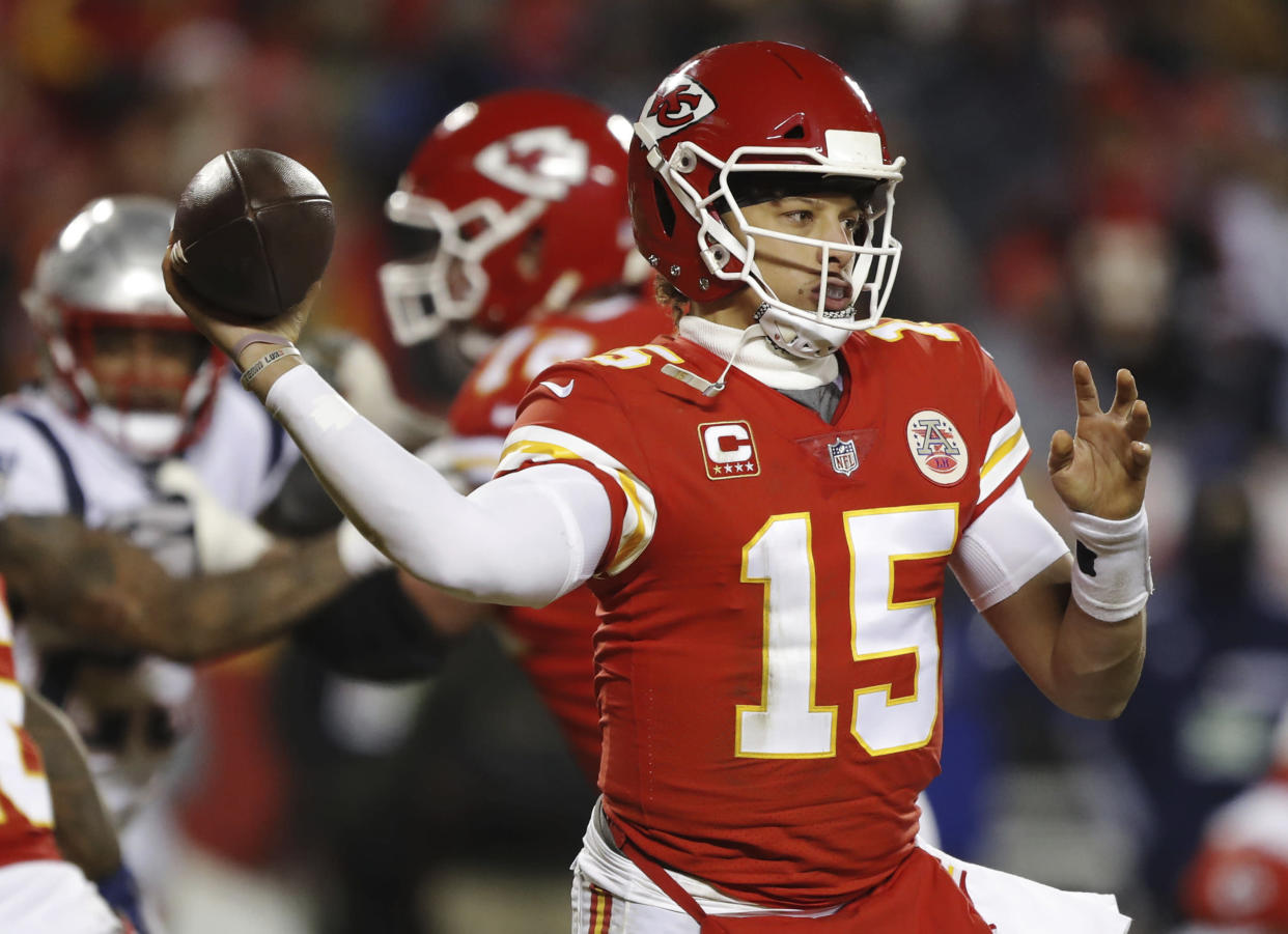 Kansas City Chiefs quarterback Patrick Mahomes (15) throws a pass during the second half of the AFC Championship NFL football game against the New England Patriots, Sunday, Jan. 20, 2019, in Kansas City, Mo. (AP Photo/Charlie Neibergall)