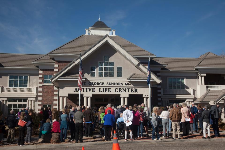 Washington County residents wait outside to get vaccinated by the Southwest Utah Public Health Department on Thursday at the St. George Active Life Center, where more than 3,000 doses were administered.