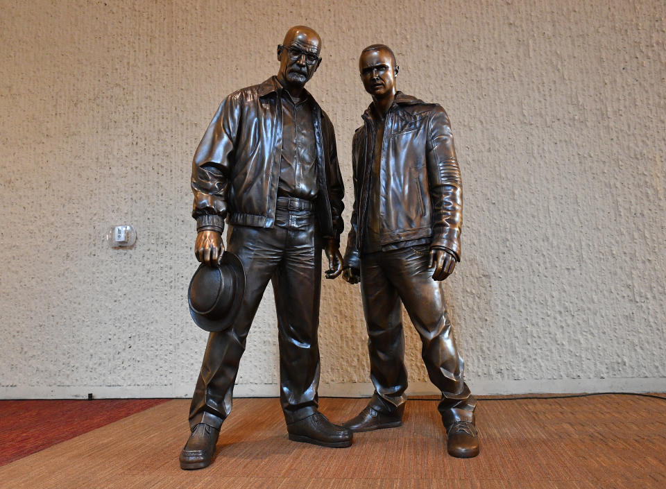 ALBUQUERQUE, NEW MEXICO - JULY 29:  Bronze statues depicting television characters Walter White, played by actor Bryan Cranston, and Jesse Pinkman, played by actor Aaron Paul, from the series 