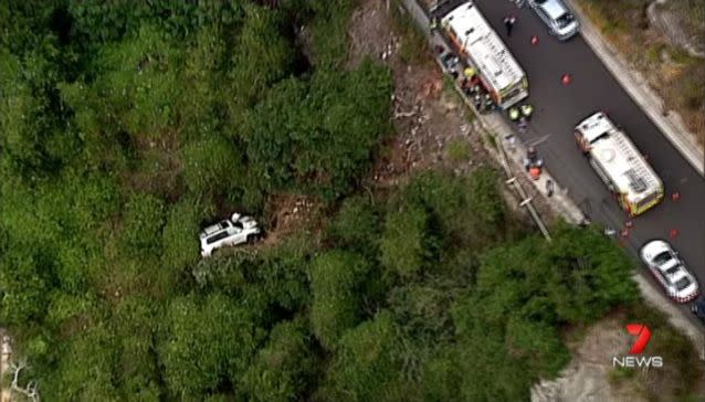 The white Toyota plunged 27 metres off the cliff. Source: 7 News