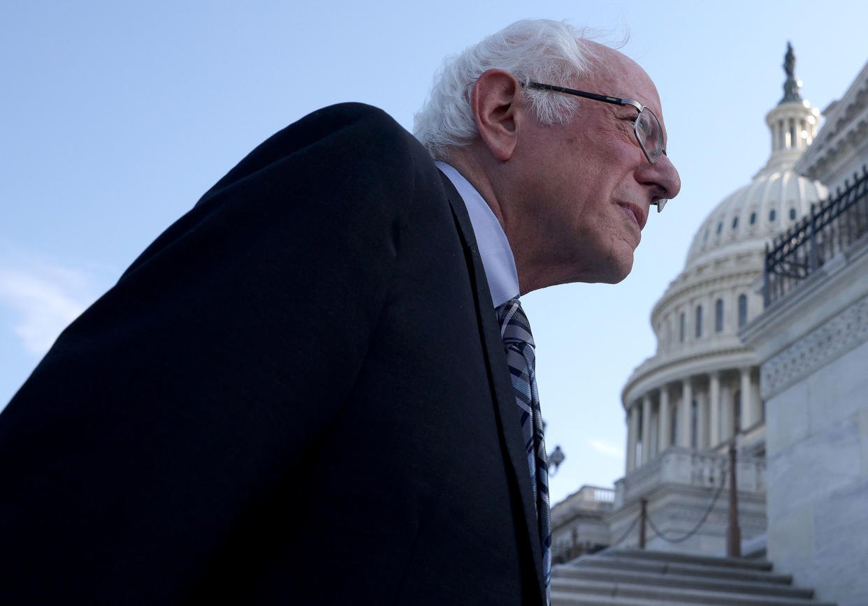 Sen. Bernie Sanders arrives at the Capitol after meeting with President Joe Biden at the White House on July 12, 2021.