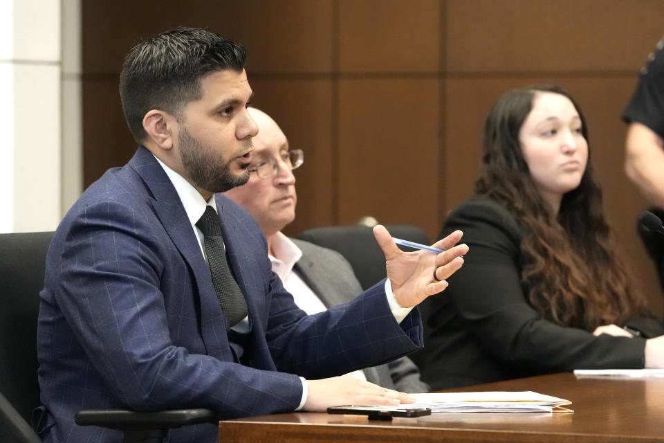 George Gomez, attorney for Robert E. Crimo Jr., father of Robert Crimo III, addresses Judge George D. Strickland at the Lake County, Ill., Courthouse Thursday, Jan. 26, 2023, in Waukegan, Ill. Crimo Jr., faces seven counts of felony reckless conduct for signing the application for his son's firearm owners ID card in December of 2019. (AP Photo/Nam Y. Huh, Pool)