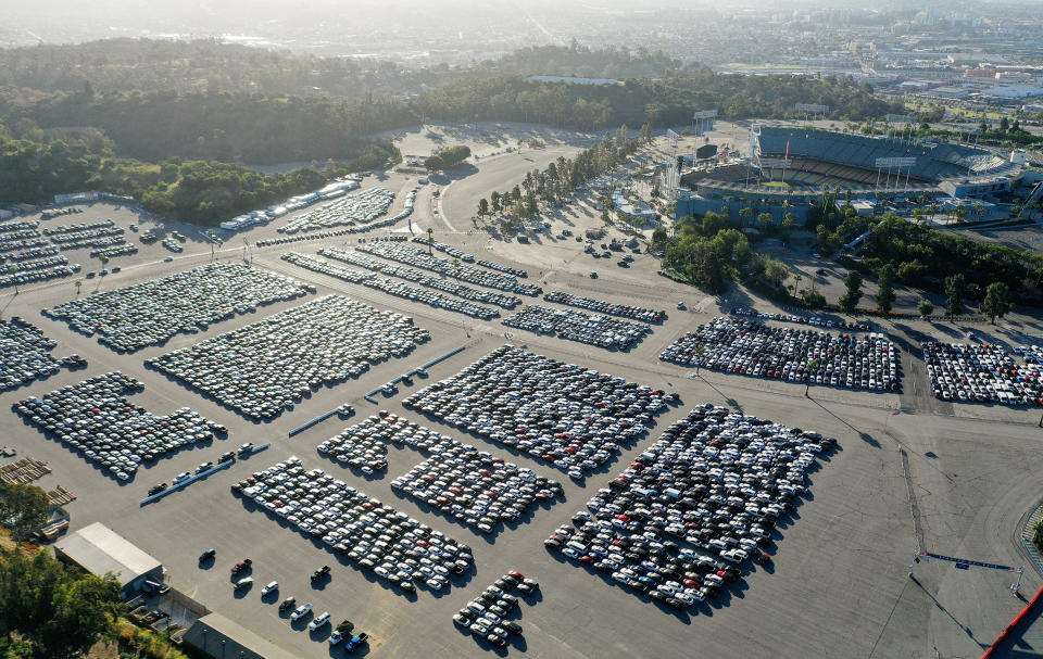 An aerial view of rental cars parked at Dodger Stadium in Los Angeles on May 20, 2020.<span class="copyright">Mario Tama—Getty Images</span>