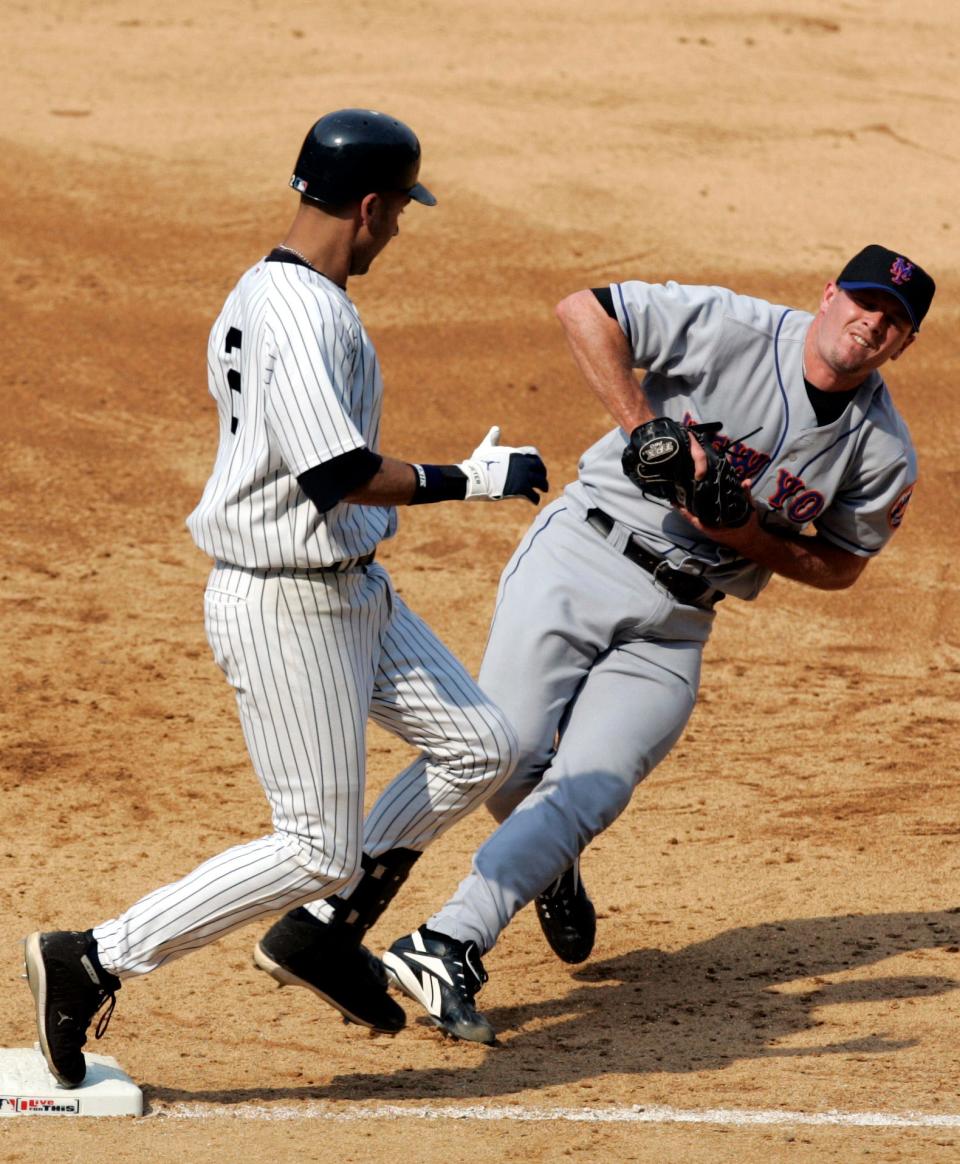 New York Mets' relief pitcher Billy Wagner reacts after beating New York Yankees' Derek Jeter to first base for the final out of the game at Yankee Stadium in New York Saturday July 1, 2006. The Mets won the game 8-3.