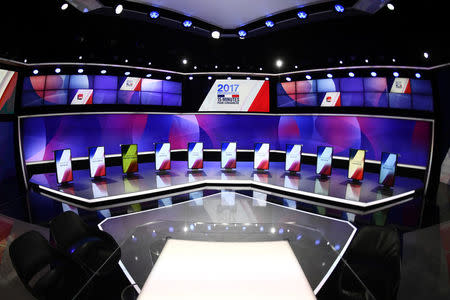 General view shows the set at the studios of France 2 televion station ahead of the prime time special political show, "15min to Convince" where the 2017 presidential candidates will appear in Saint-Cloud, near Paris, France, April 20, 2017. REUTERS/Martin Bureau/Pool